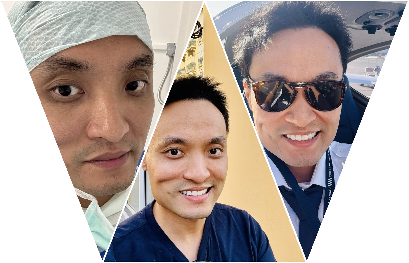 Trois portraits de Vincent LIU-BOUSQUEL réunis en triangles : au bloc opératoire, dans une rue de Nice, aux commandes d'un avion léger