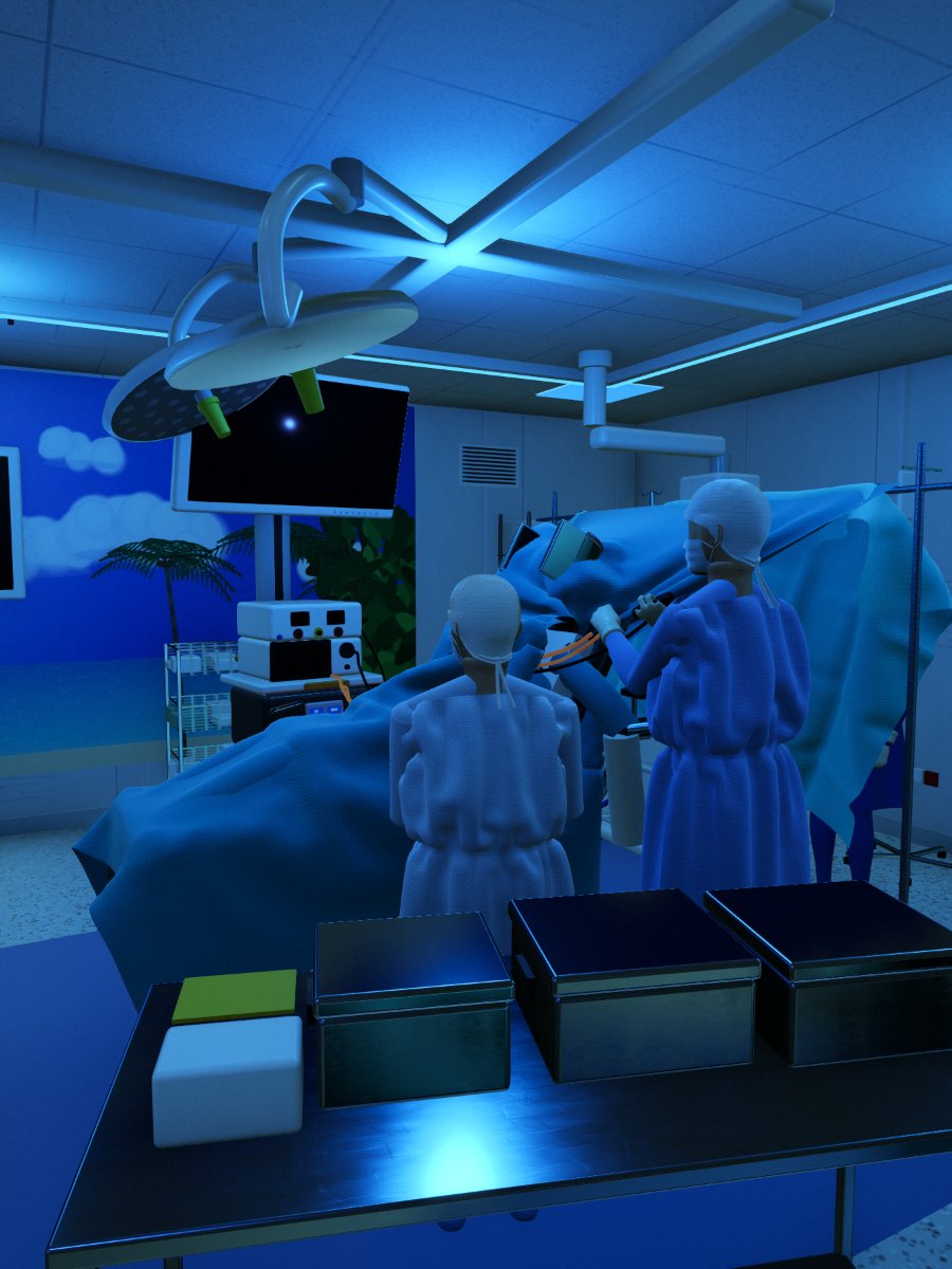La salle pendant une arthroscopie de l'épaule, sous un éclairage bleu : l'équipe en place autour du patient, les champs posés, la table d'instruments au premier plan.
