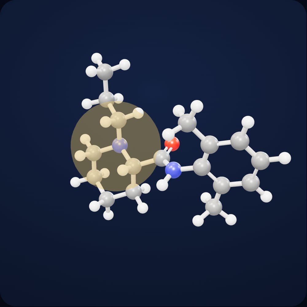 La ropivacaïne en 3D : atomes de carbone gris, d'azote bleus, d'oxygène rouge et d'hydrogène blancs, reliés par leurs liaisons