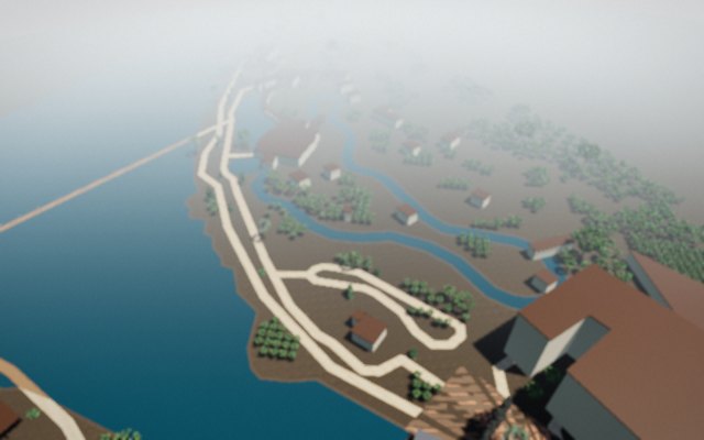 River Wonders vu du ciel, reconstruit d'après son plan réel : le bras du réservoir, les allées, les pavillons et les arbres mesurés.