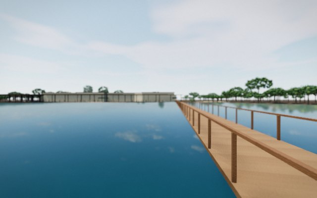 La passerelle de River Wonders au-dessus du réservoir, entre les arbres reconstruits à leur hauteur mesurée.