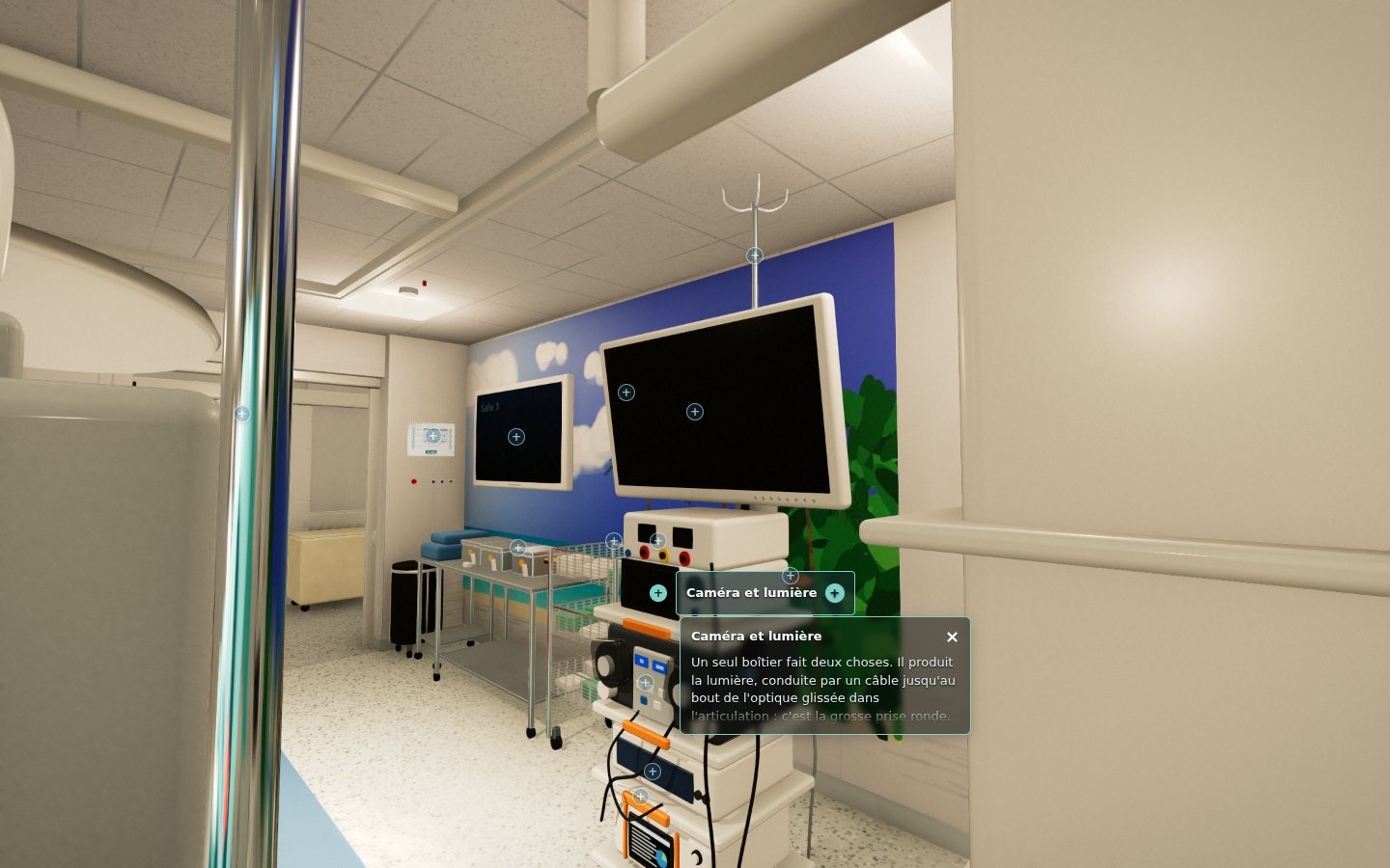 Une colonne d'arthroscopie en 3D, chaque module désigné avec sa fiche